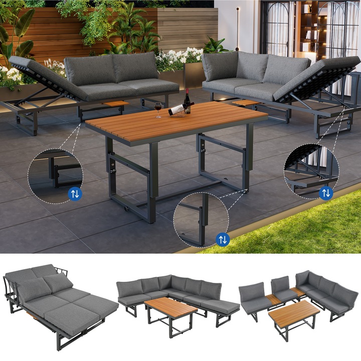 Set mobilier gradina, 3 piese, 2 canapele, masa, cadru fier vopsit electrostatic cu spatar reglabil, lemn salcam, perne incluse, gri