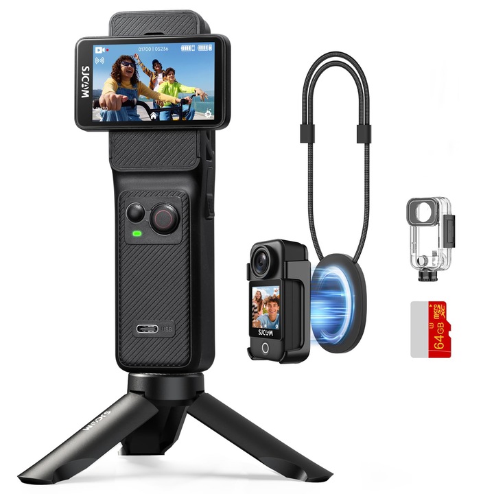 Camera Video Sport, 3 in 1 SJCAM C400, 4K Pocket Handheld, Baterie 7H, Stabilizare 6-Axis, Ecran Tactil 2.29”, Corp Etans, Kit Complet cu Card 64GB, Trepied Mic, Lumina LED si Snur Magnetic, Pentru Travel Vlog si Live Streaming YouTube