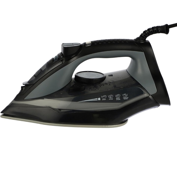 Gőzölős vasaló, 2200 W, gyors felmelegedés, tapadásmentes kerámia talp, 55 g/perc folyamatos gőzkibocsátás, erős gőzsugár, öntisztító funkció, automata kikapcsolás, csepegésgátló rendszer, 350 ml-es víztartály, háztartási használatra, fekete