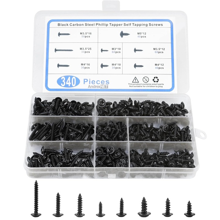 Set 340 suruburi auto-filetante M2 M3 M4 M5 diferite lungimi, din otel carbon zincat, organizator inclus, utilizare multipla, negru