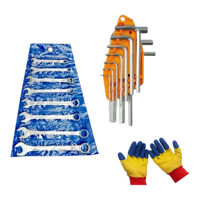 Set 10 chei hexagonale - 1.5/2/2.5/3/4/5/6/7/8/10 mm -, crom vanadiu, cu Set 8 chei combinate - M6/M8/M10/M12/M13/M14/M17/M19 - .otel carbon, inclinatie 15 * capat cheie si Set manusi protectie