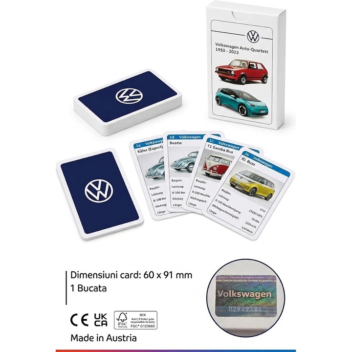 Колекционерска игра с карти Volkswagen, Модел Car Quartet, 32 карти с VW превозни средства, Оригинален VW
