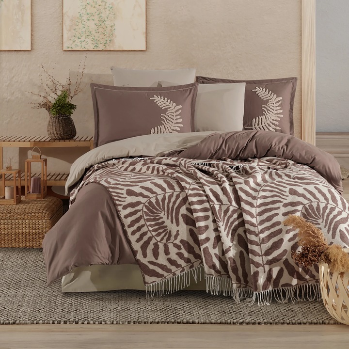 Prémium 100% PAMUT ágynemű garnitúra, 6 részes KingSize ágynemű, RANFORCE PAMUT + MUSZLIN ágytakaró/pléd 230x250 cm, lepedő 240x260 cm, paplanhuzat 200x220 cm, 4 párnahuzat 50x70 cm, AJÁNDÉK DOBOZ, Taupe