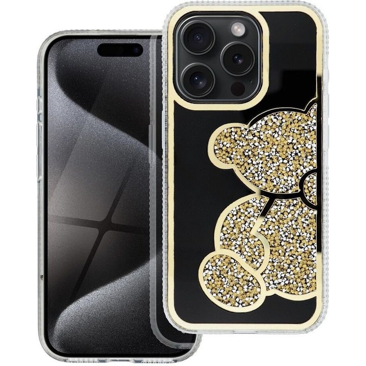Husa telefon Teddy Bear pentru iPhone 17 Pro Max, model cu pattern stralucitor, protectie suplimentara, aurie