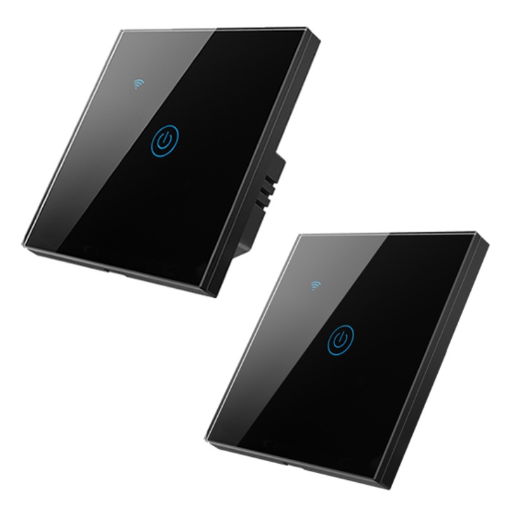 Set intrerupator inteligent cu contact tactil, HomeVast®, cu protocol WiFi si wireless RF433, compatibil Tuya/Smart life, cu sau fara nul, 1 canal, negru, plus telecomanda RF433, 1 canal, negru