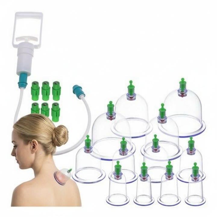 Ventuze chinezesti vacuum anticelulita set 12 bucati cu pompa, terapeutice, fara foc, 6 marimi, 6 varfuri magnetice acupresura, pentru regenerare, relaxare si fermitatea pielii, terapie naturala