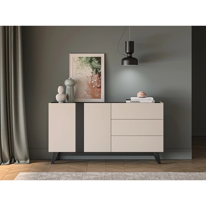 Comoda cu 2 usi si 3 sertare, pal casmir/negru, pe picioare, 160cm lungime x 40cm adancime x 85 cm inaltime, deschidere push open, canturi abs, inchidere usi silentioasa