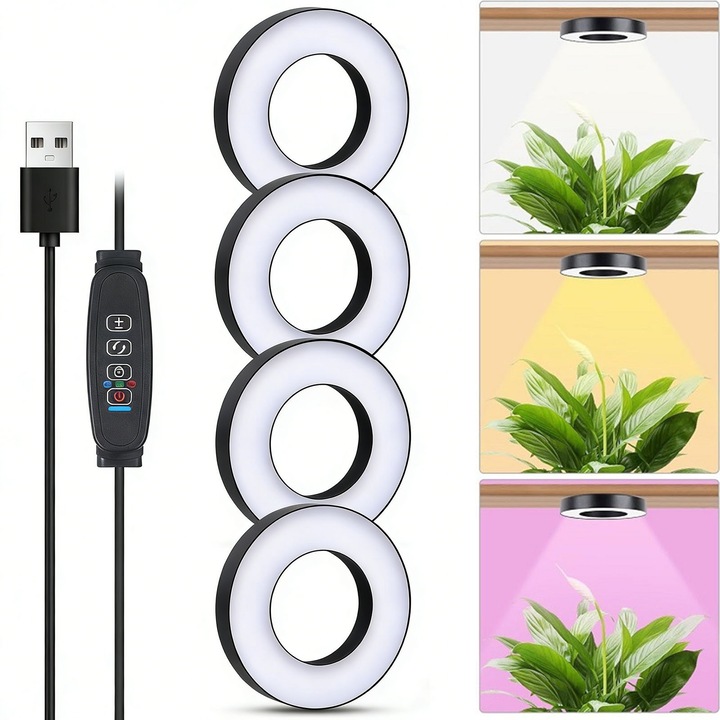 Lampa de lucru, asskanaer, Lampa UV full spectrum pentru cresterea plantelor, 48 LED-uri, Timer automat 3/9/12h, 3 moduri de lumina, 10 luminozitati reglabile, Alimentare USB, Pentru cresterea accelerata a plantelor, Aluminu, Diametru 9 cm, Negru