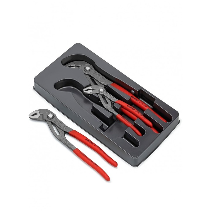 Set 3 clesti tip pompa apa profesional, Knipex Cobra-Paket 00 20 09 V02, 150–300 mm, efect autoblocant, reglaj rapid cu buton, otel calit, original Germania