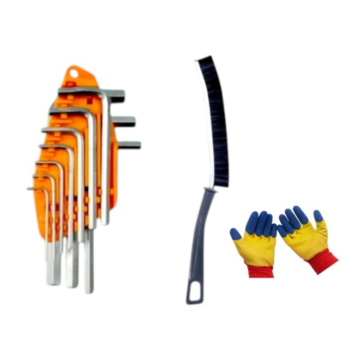 Set 10 chei hexagonale - 1.5/2/2.5/3/4/5/6/7/8/10 mm -, crom vanadiu, cu Perie ingusta, 23 cm, pentru spatii greu accesibile si Set manusi tricolore, protectie