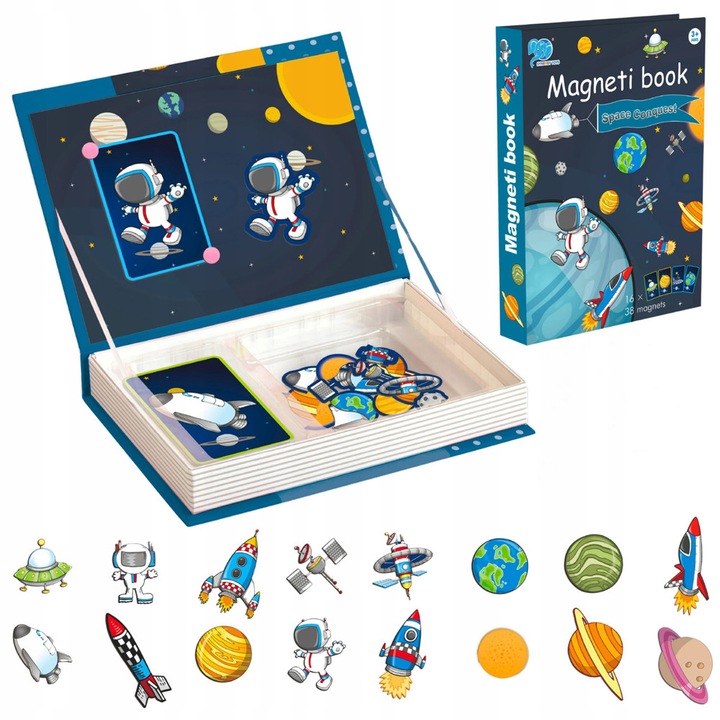 Puzzle Montessori magnetice 54 elemente, carte educationala, aventura in cosmos, 26x19x4cm