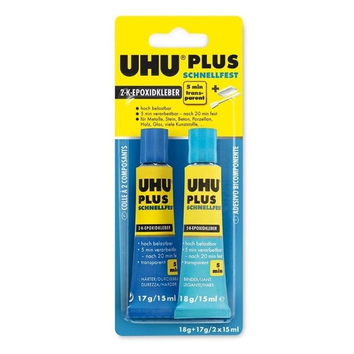 Adeziv epoxidic Uhu Plus 15ml, 2 tuburi, transparent, rezistent la apa