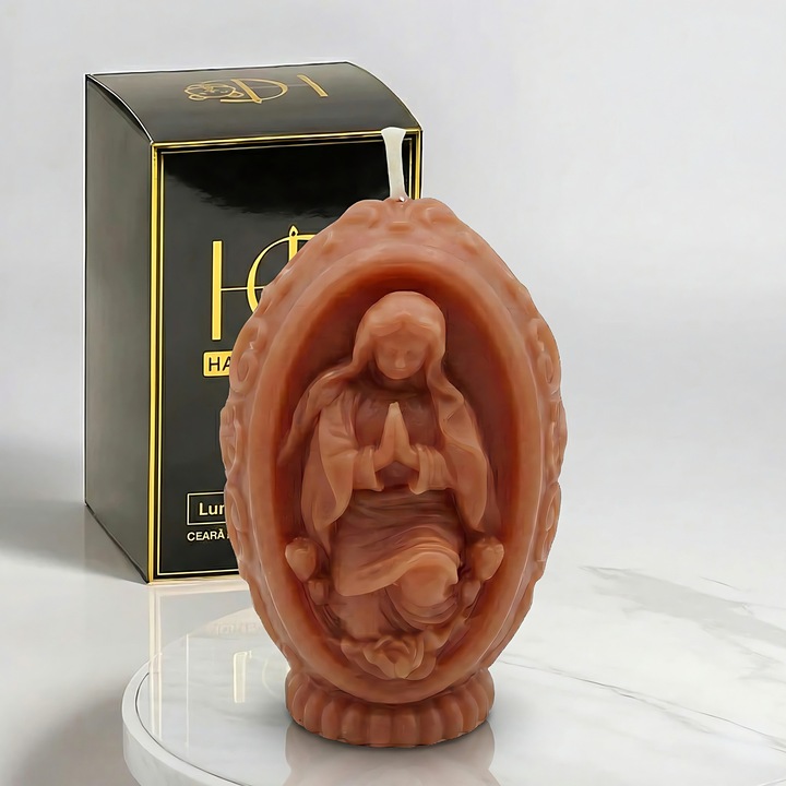 Свещ от естествен пчелен восък, Happy Candles, Молитва на Дева Мария, Корал, Ръчна изработка, Великден, Коледа, 205гр