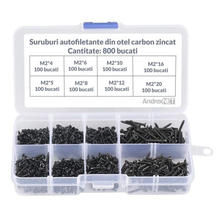 Set 800 suruburi auto-filetante M2 diferite lungimi, din otel carbon zincat, organizator inclus, utilizare multipla, negru