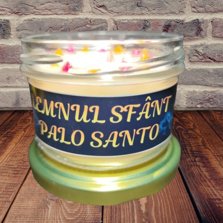 Lumanare parfumata Lemnul Sfant – Palo Santo, Patchouli, Tamaie, Citrice, Ambra, Santal, handmade, fitil lemn, ceara soia, 80g