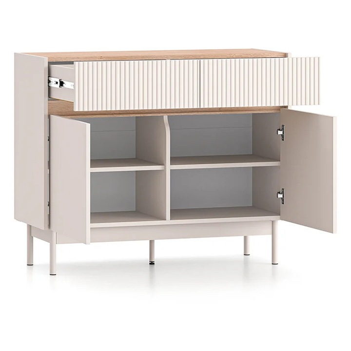 Comoda cu 2 sertare si 2 usi, pal casmir/stejar, fronturi sertare cu caneluri riflaj, 104 cm lungime x 40 cm adancimex 85 cm inaltime, pe picioare