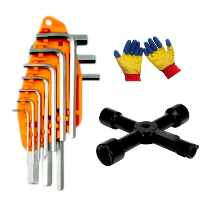 Set 10 chei hexagonale - 1.5/2/2.5/3/4/5/6/7/8/10 mm -, cu Cheie multifunctionala, tip 4 in1 - rotund 6mm/triunghiular 10 mm/ patrat 8mm/ patrat 10mm - pentru camine utilitati si Set manusi protectie