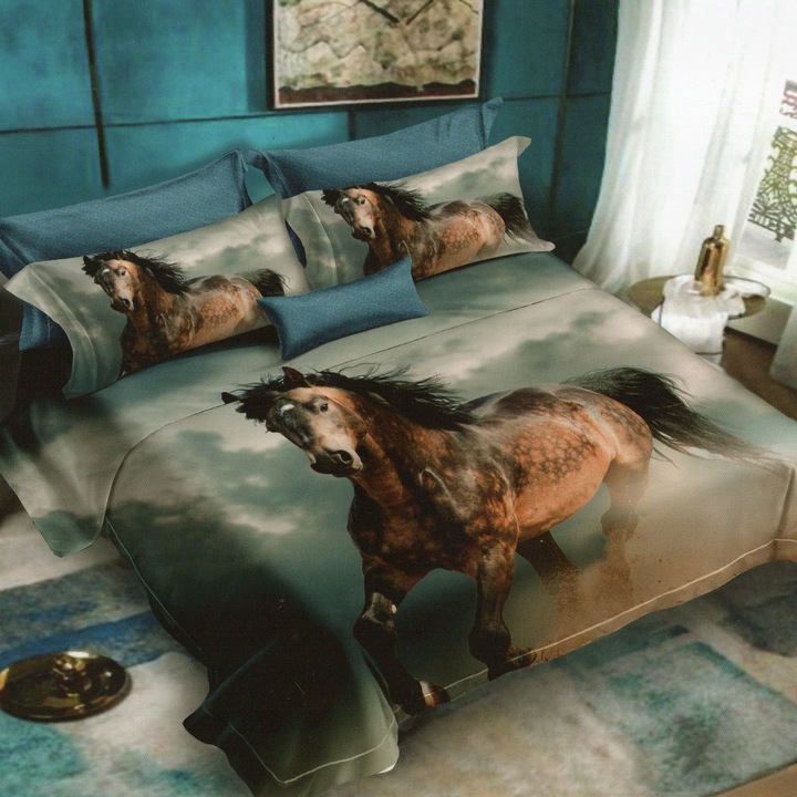 Lenjerie de pat finet 3D Ralex Pucioasa, 6 piese, imprimeuri tridimensionale, bumbac, multicolor