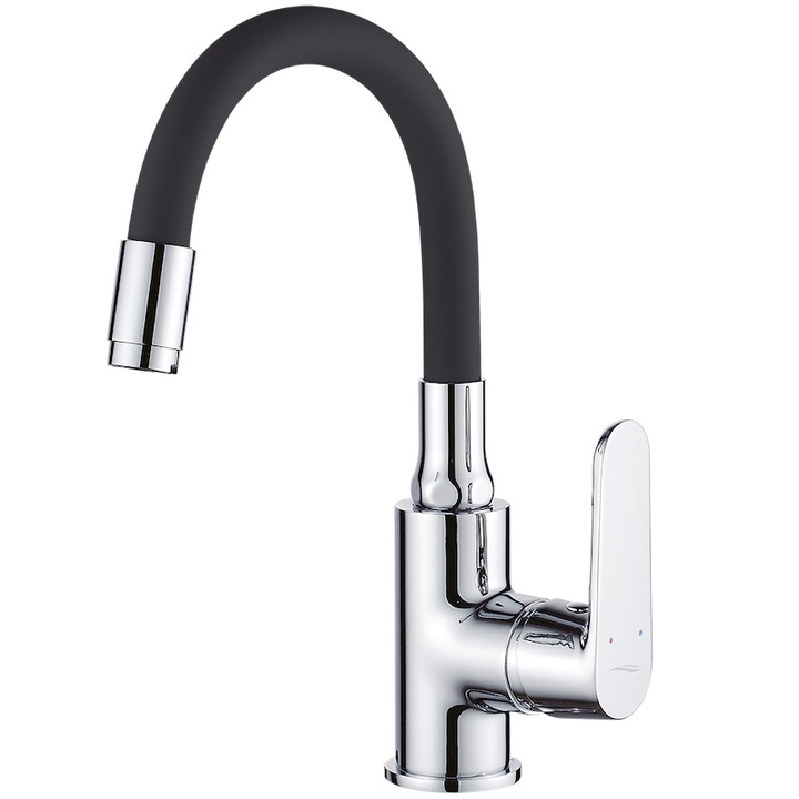 Mosdó csaptelep flexibilis kifolyóval, króm és fekete színben, forgatható, pultra szerelhető, Kuchinox
