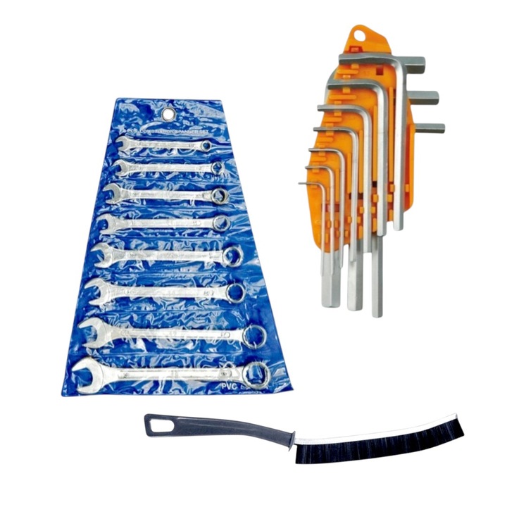 Set 10 chei hexagonale - 1.5/2/2.5/3/4/5/6/7/8/10 mm -, crom vanadiu, cu Set 8 chei combinate - M6/M8/M10/M12/M13/M14/M17/M19 - .otel carbon, inclinatie 15* capat cheie si Perie ingusta, 23 cm