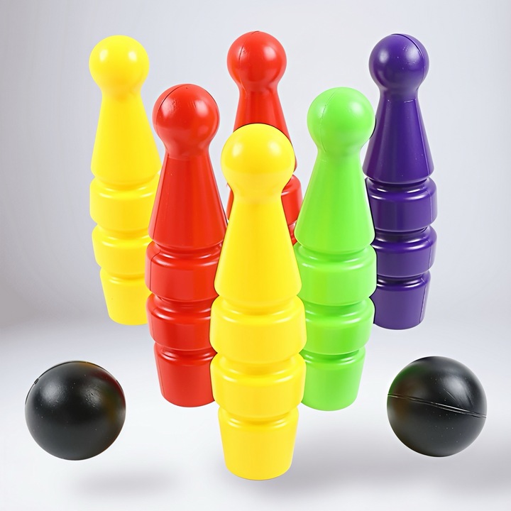 Set Bowling pentru Copii 3+, Popice Colorate si 2 Bile, Joc Bowling din Plastic pentru Interior si Exterior
