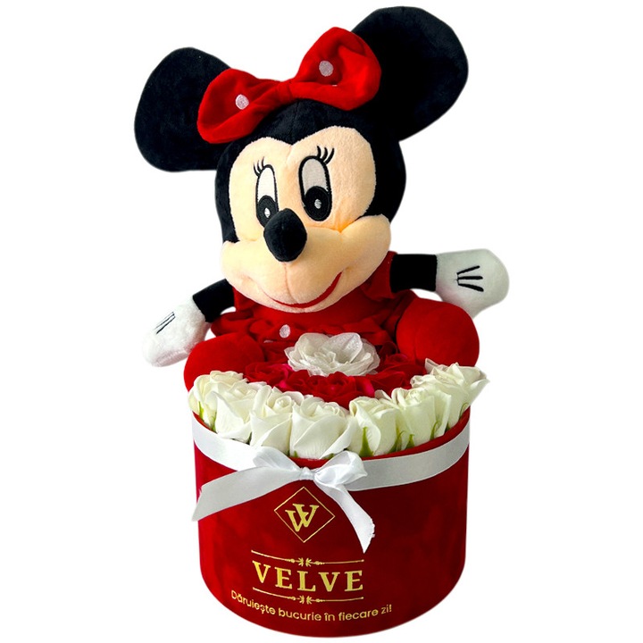 Aranjament floral Minnie Mouse cu trandafiri de sapun si jucarie de plus, in cutie catifea rosie, Velve