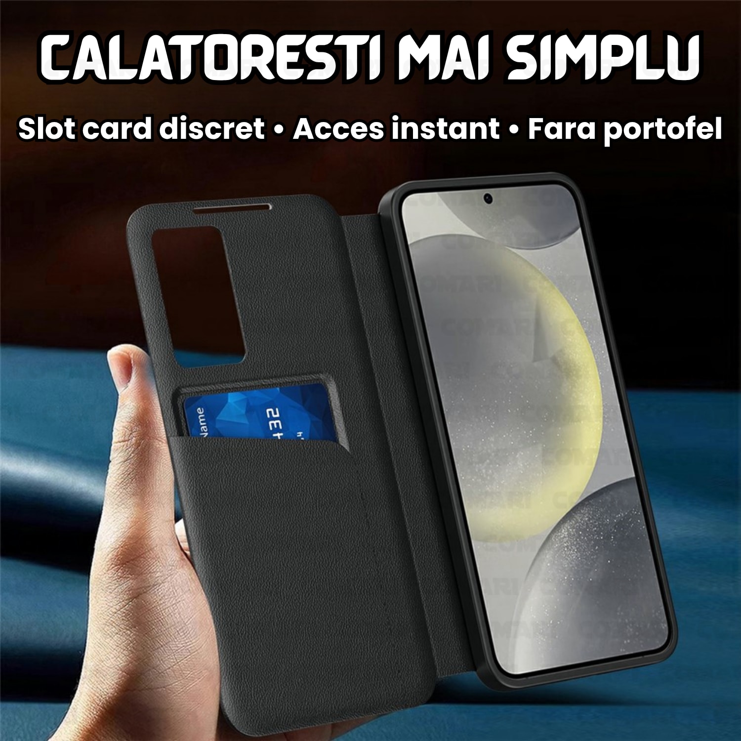 Husa flip pentru Samsung Galaxy S26 Ultra Comari® VisionCover, fereastra smart view, protectie 360°, piele ecologica premium, Negru