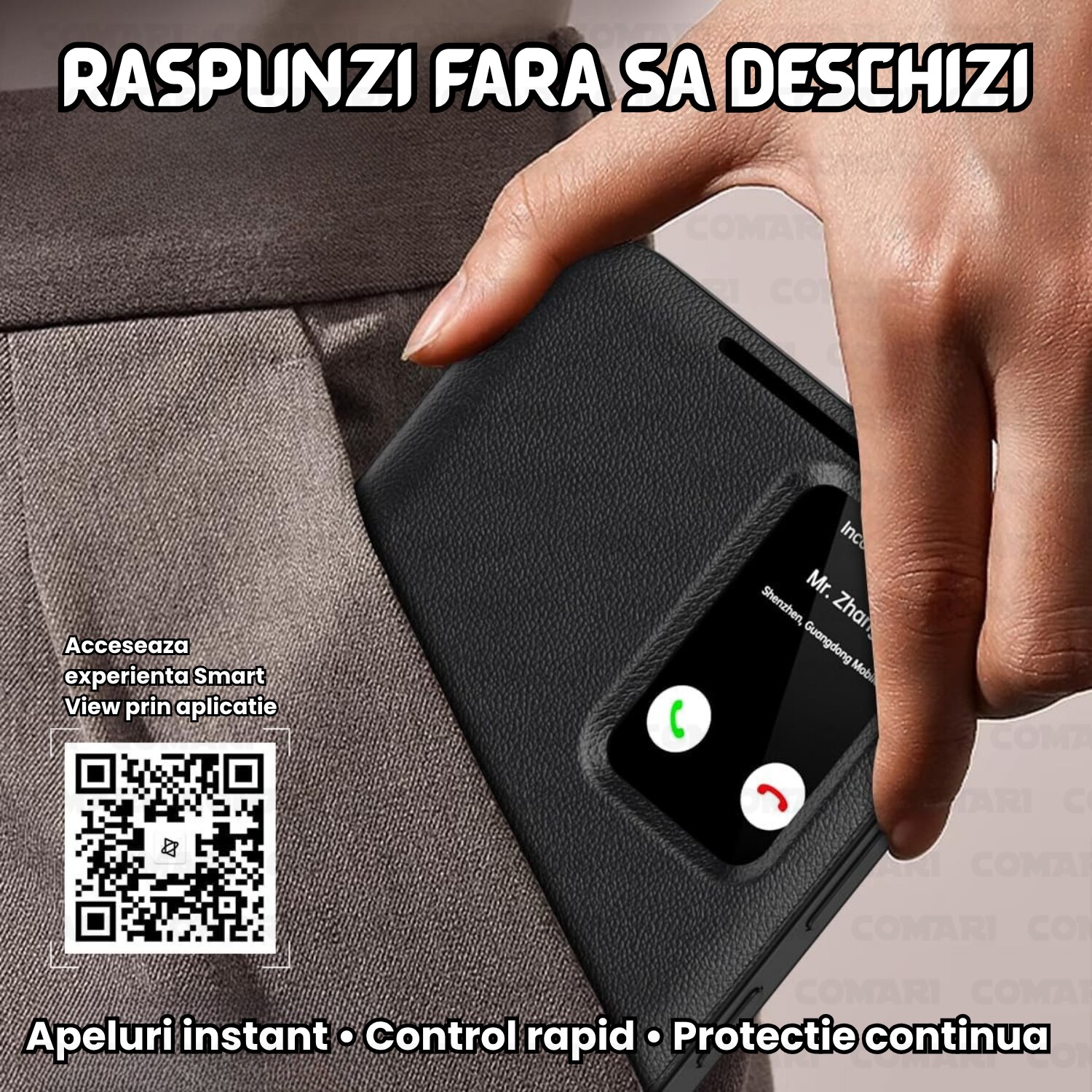 Husa flip pentru Samsung Galaxy S26 Plus Comari® VisionCover, fereastra smart view, protectie 360°, piele ecologica premium, Negru