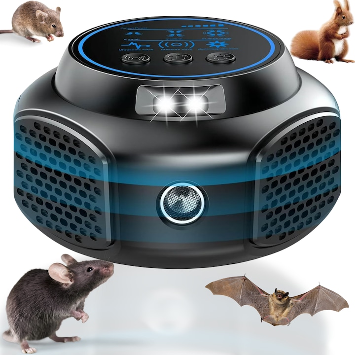 Aparat Ultrasunete Anti-Daunatori Si Anti-Soareci ZENTRA, 4 Difuzoare, Display, Frecventa Variabila 25-65kHz, Ultrasunete Duale, 3 Tripuri de Unde Emise, 3 Niveluri Emisie, Protectie 360° 300m², Sigur Oameni si Animale, Negru