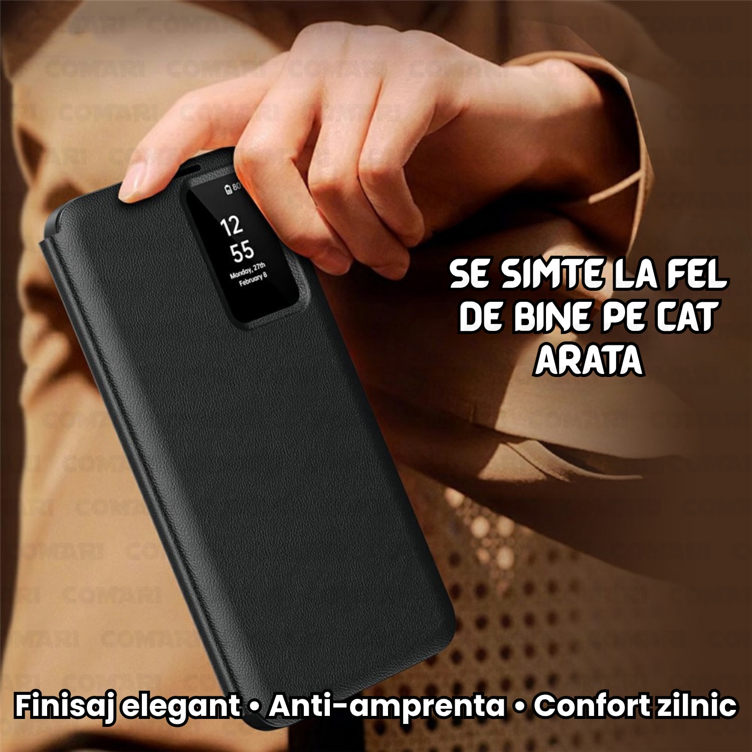 Husa flip pentru Samsung Galaxy S26 Ultra Comari® VisionCover, fereastra smart view, protectie 360°, piele ecologica premium, Negru