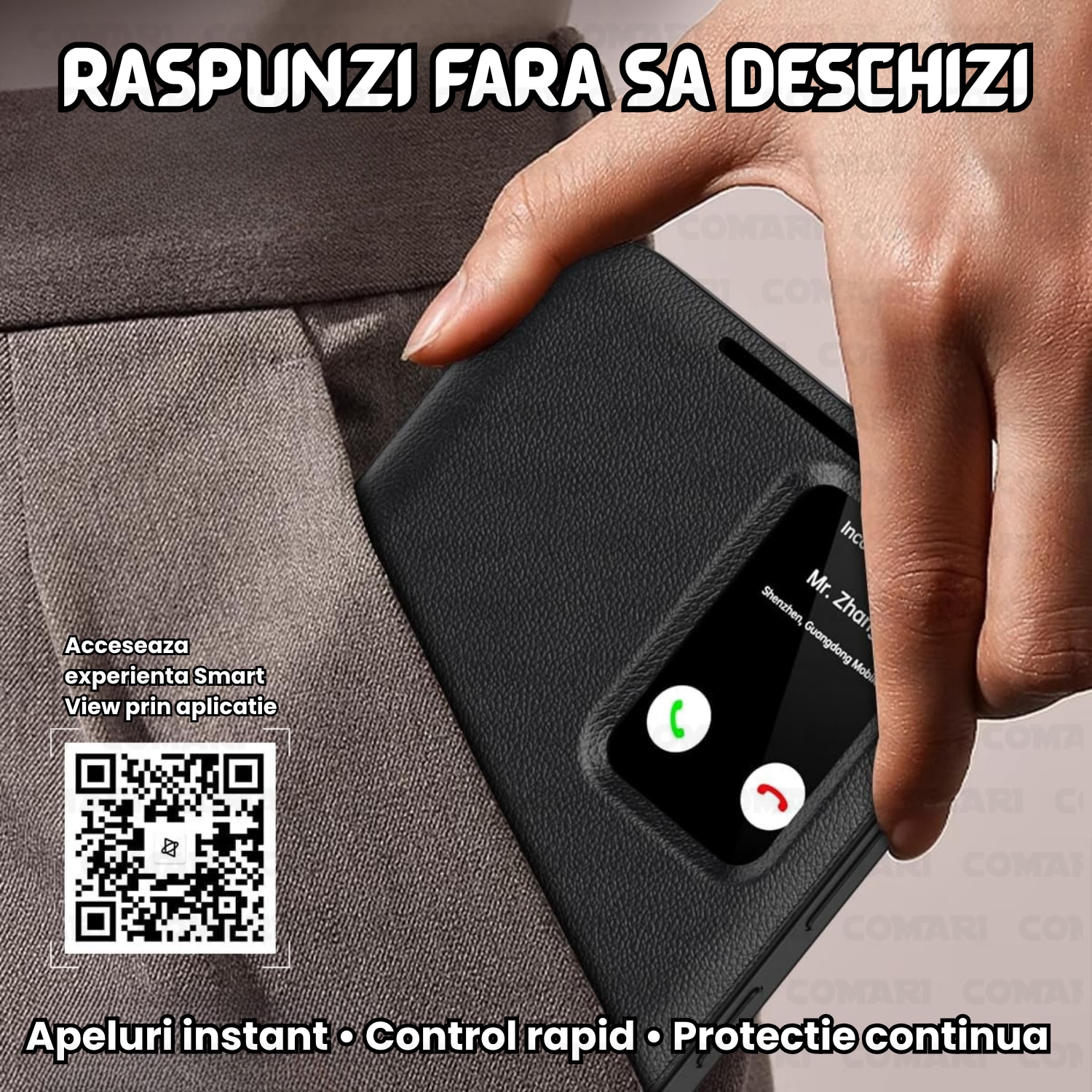Husa flip pentru Samsung Galaxy S26 Ultra Comari® VisionCover, fereastra smart view, protectie 360°, piele ecologica premium, Negru
