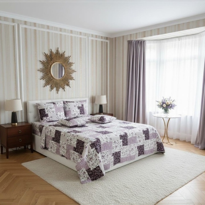 Lenjerie de pat mov floral, Casa Bumbac Textil by Edural, 6 piese, 2 persoane, cearsaf de pat 240×260 cm, 100% bumbac ranforce