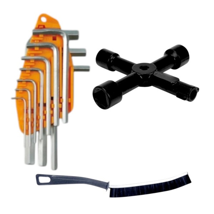 Set 10 chei hexagonale - 1.5/2/2.5/3/4/5/6/7/8/10 mm -, cu Cheie multifunctionala, tip 4 in1 - rotund 6mm/triunghiular 10 mm/ patrat 8mm/ patrat 10mm -, pentru camine utilitati si Perie ingusta. 23 cm