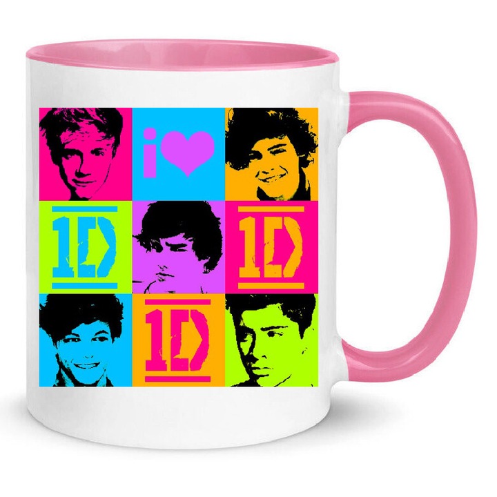 Cana One Direction No9 330ml ceramica alba si roz, set cadou pentru fani