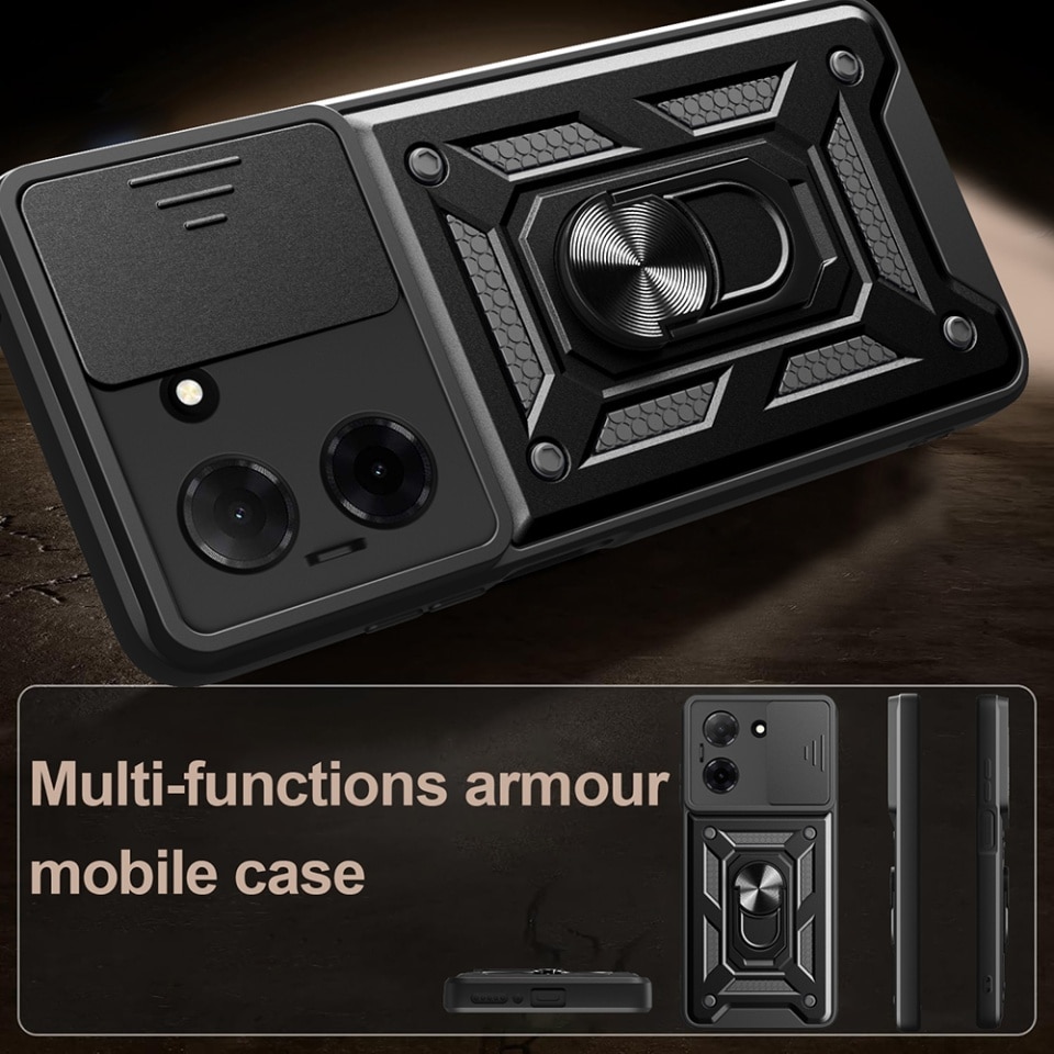 Husa pentru Oppo A6x 4G / 5G, protectie camere, Inel magnetic, set cu sticker, CamShield, Negru