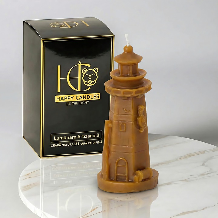 Свещ от естествен пчелен восък, Happy Candles, Фар, Дърво, Ръчна изработка, 40гр