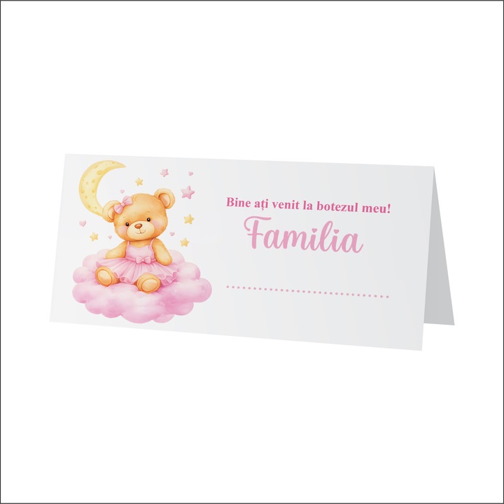 Plic de bani pentru botez model ursulet fetita in rochita roz