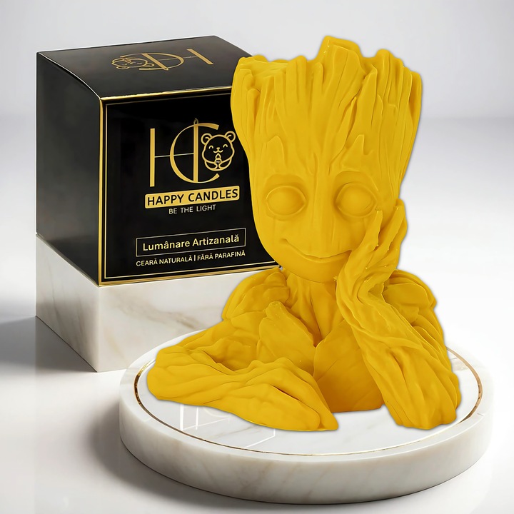 Свещ от естествен пчелен восък, Happy Candles, Горски пазител, Жълта, Ръчно изработена, 110гр