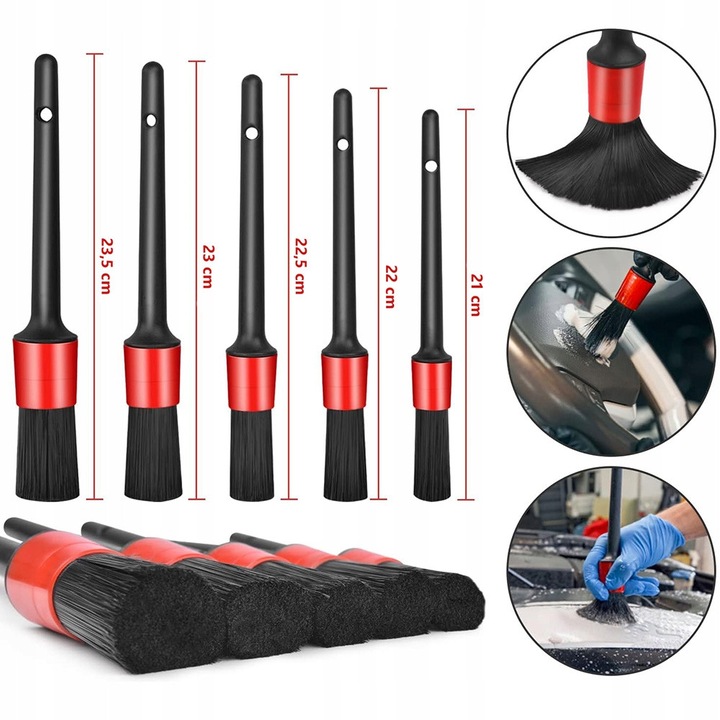 Set 5 pensule detailing, negru-rosu, cu carpa din microfibra 30x40cm