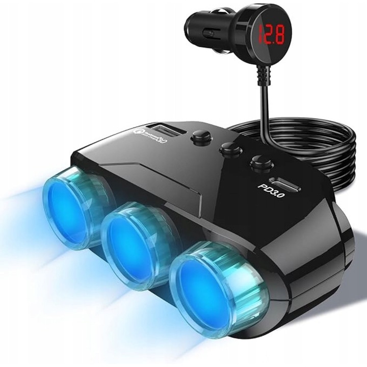 Priza auto 5 in 1, 122W, 12V/24V, incarcare rapida QC3.0, cablu 70cm