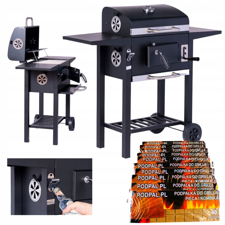 Gratar mare pe carbune cu capac, 3 polite, termometru, 43x30cm, 42x17cm