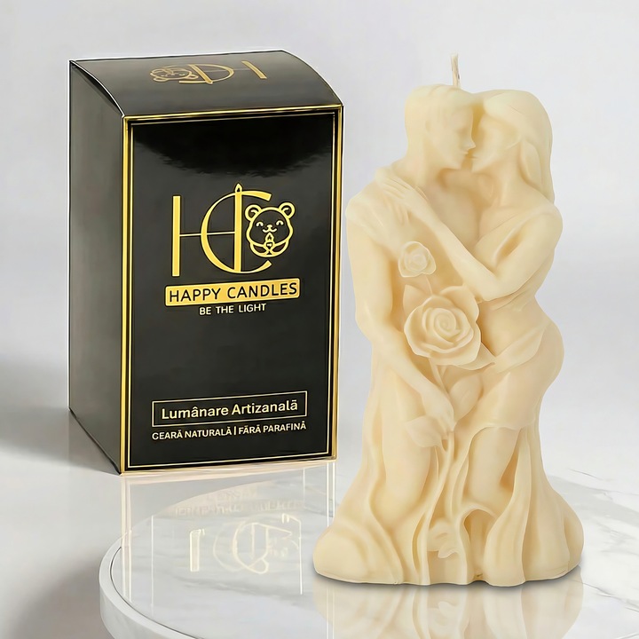 Свещ от естествен пчелен восък, Happy Candles, Влюбени, Слонова кост, Ръчна изработка, Свети Валентин, 90гр