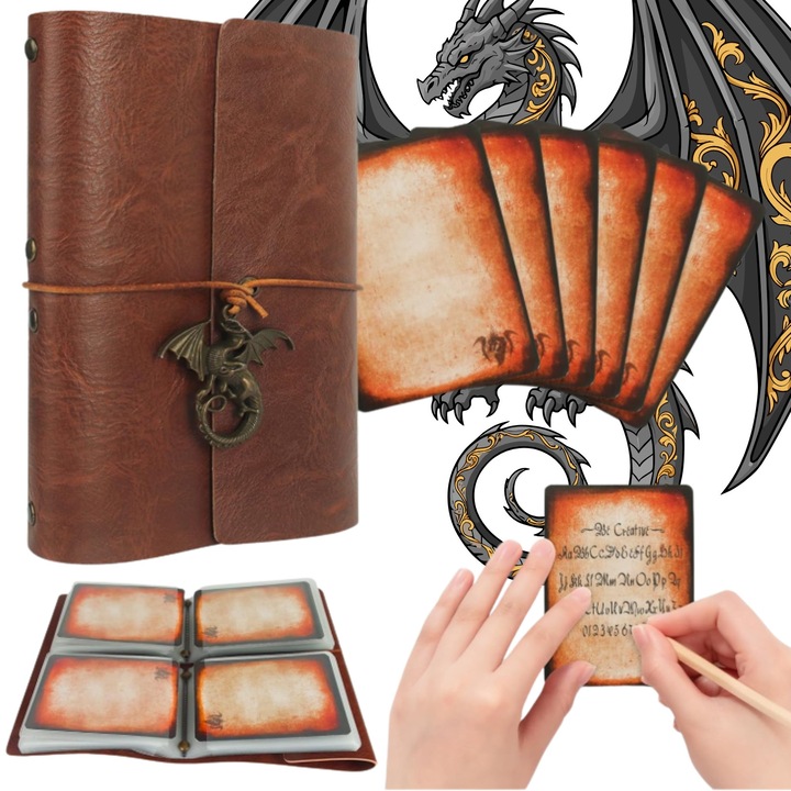 Set Jocuri de societate, Carte creativa cu 60 de carti, design unic, tema cu dragoni, 8x6 cm