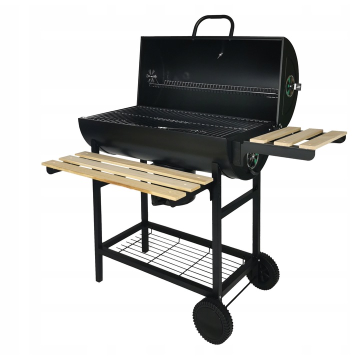 Gratar de gradina, cu termometru, 3 niveluri, 115x62x95cm, mobil, cu roti, negru