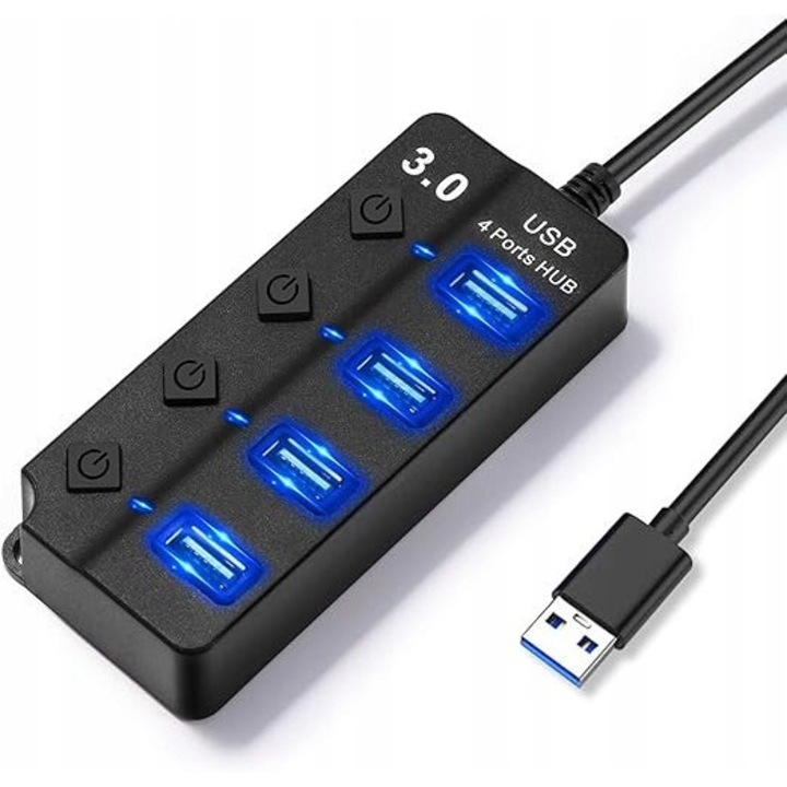 Hub USB 4 porturi cu comutatoare individuale, negru