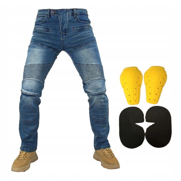 Jeans motocycliste, Inny, cu protectii genunchi, elastic, negru, marimi S-3XL