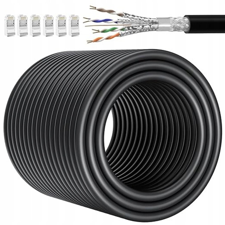 Cablu Ethernet 80m, CAT7 SFTP, rezistent la intemperii, negru
