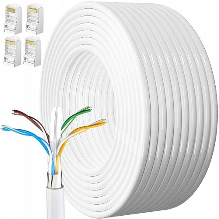 Cablu Ethernet 15m, Cat 6 FTP, alb, 23AWG, pentru dispozitive cu porturi RJ45