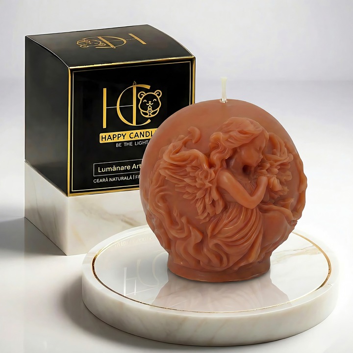 Свещ от естествен пчелен восък, Happy Candles, Ангелска сфера, Корал, Ръчно изработена, Великден, Коледа, 160гр