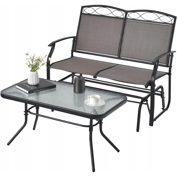 Set mobilier gradina, 2 persoane, banca leagan cu masa, metal, sticla, 104x72x94cm, 90x50x46cm